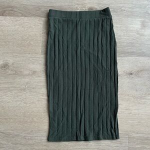 Olive Green High-Waisted Ribbed Midi Bodycon Skirt